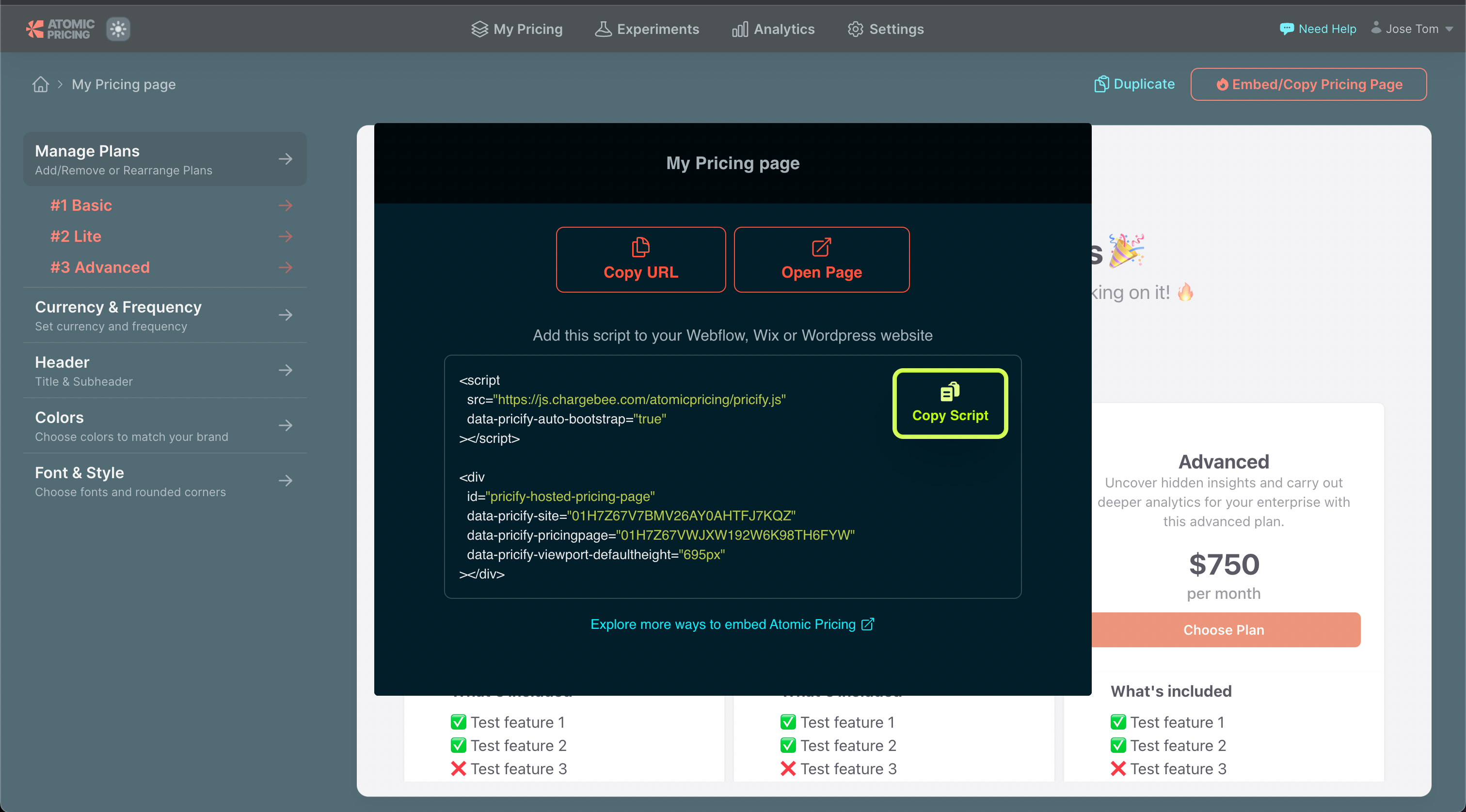 Pricing Tables Page Embed Script
