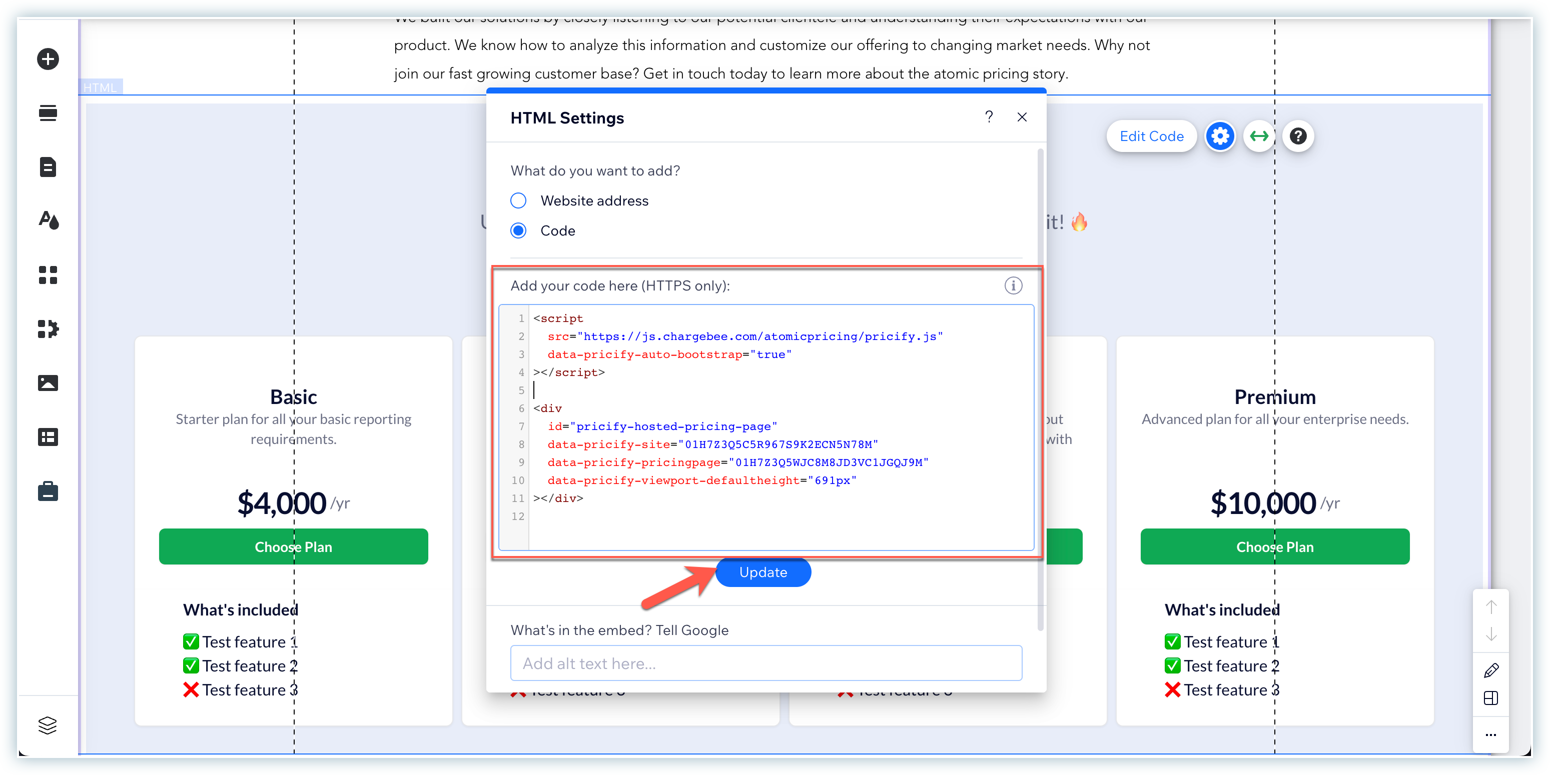 Pricing Tables Page Embed Script