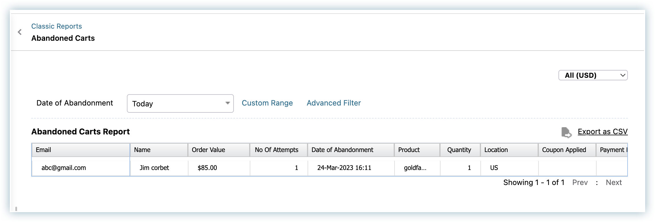 Abandoned Carts Report