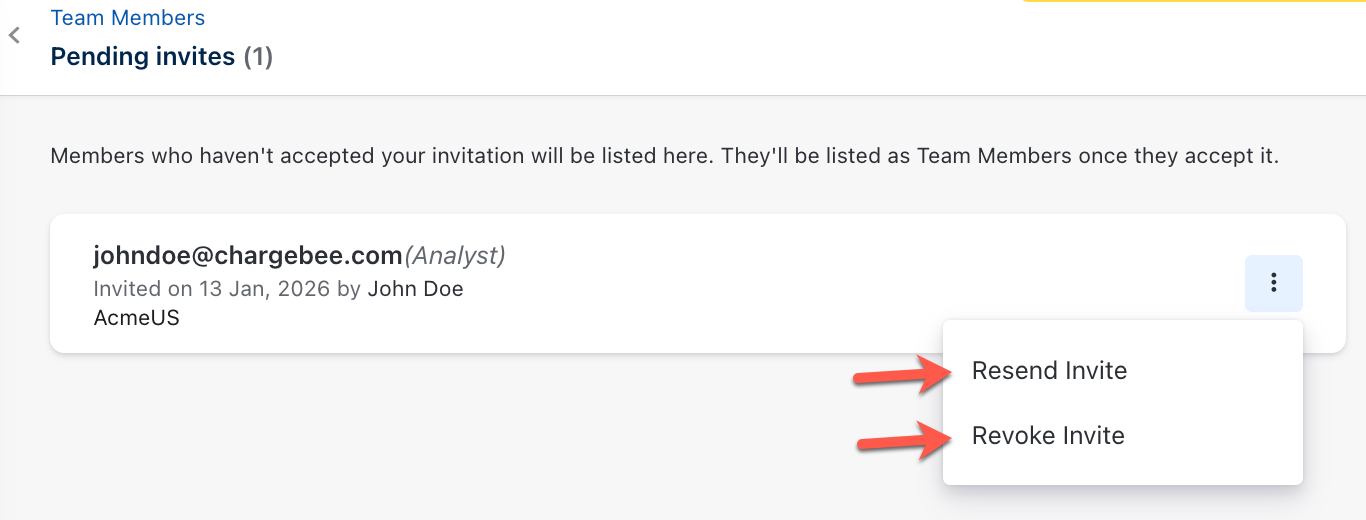 Resend or Revoke Invitation options on pending invitations
