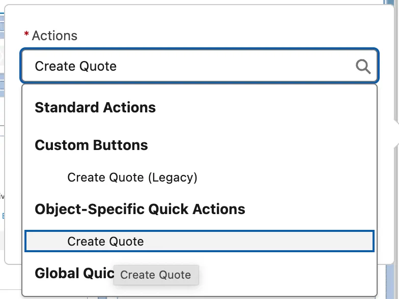 Create Quote item selection in Object Specific Quick Actions
