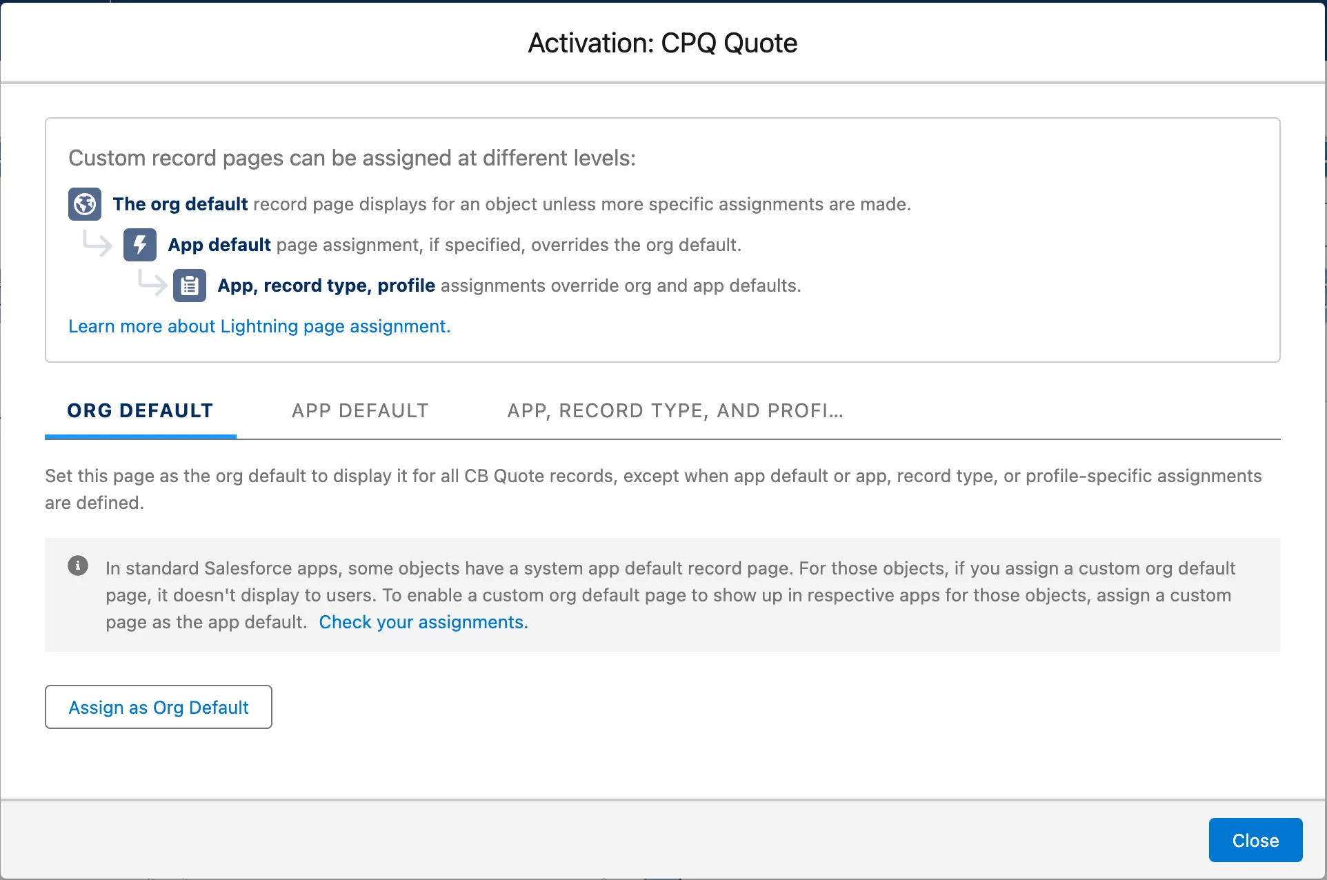 Activation Settings with Assign as Org Default option