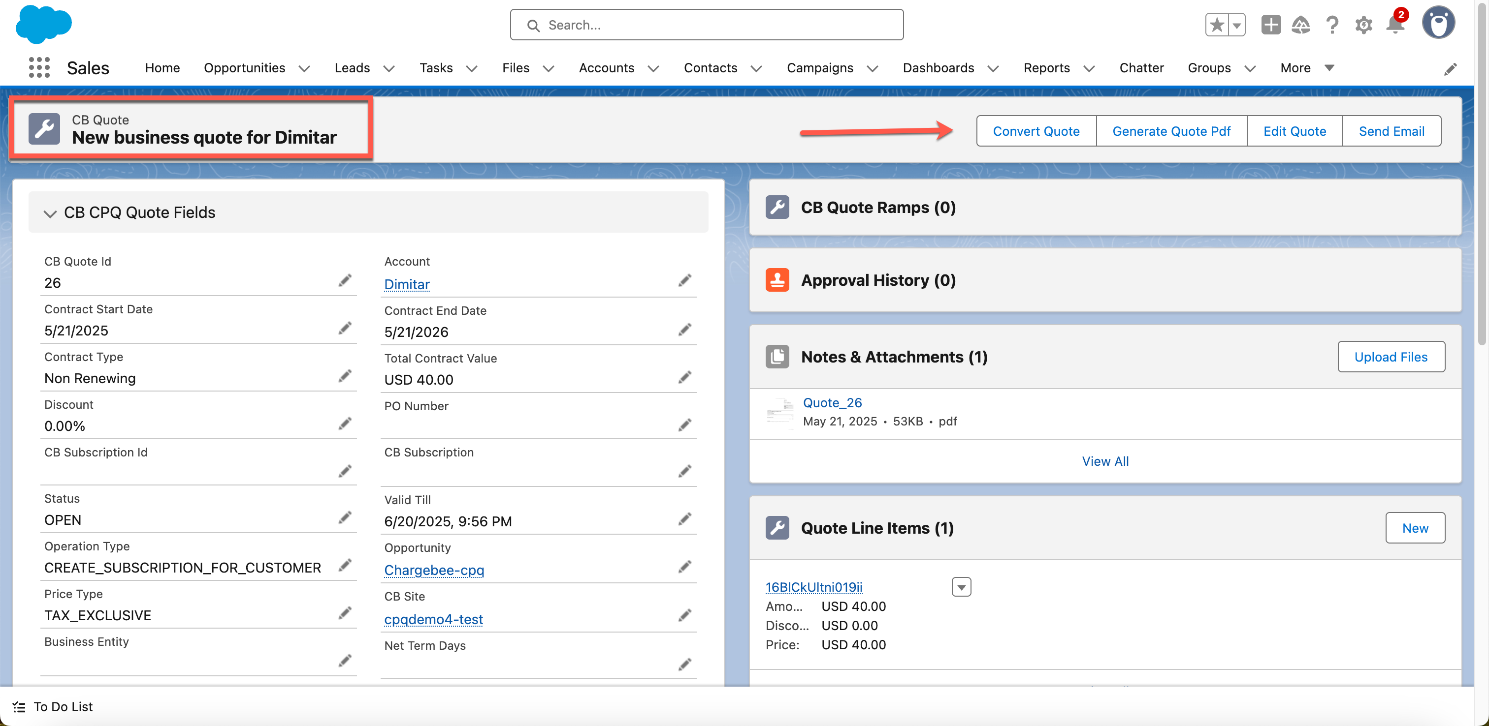 Convert Quote button on the Quote Details page