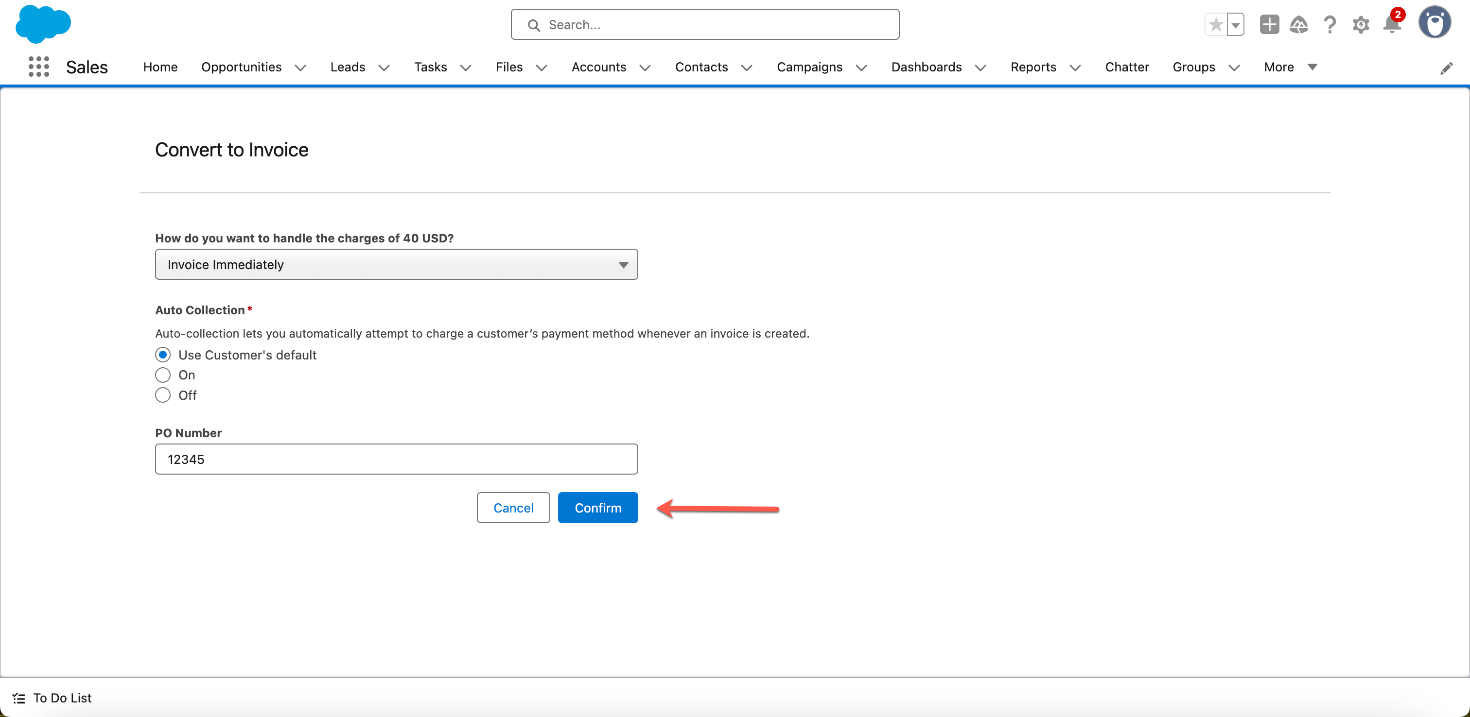 Convert to Invoice page with Auto-collection settings and PO Number field