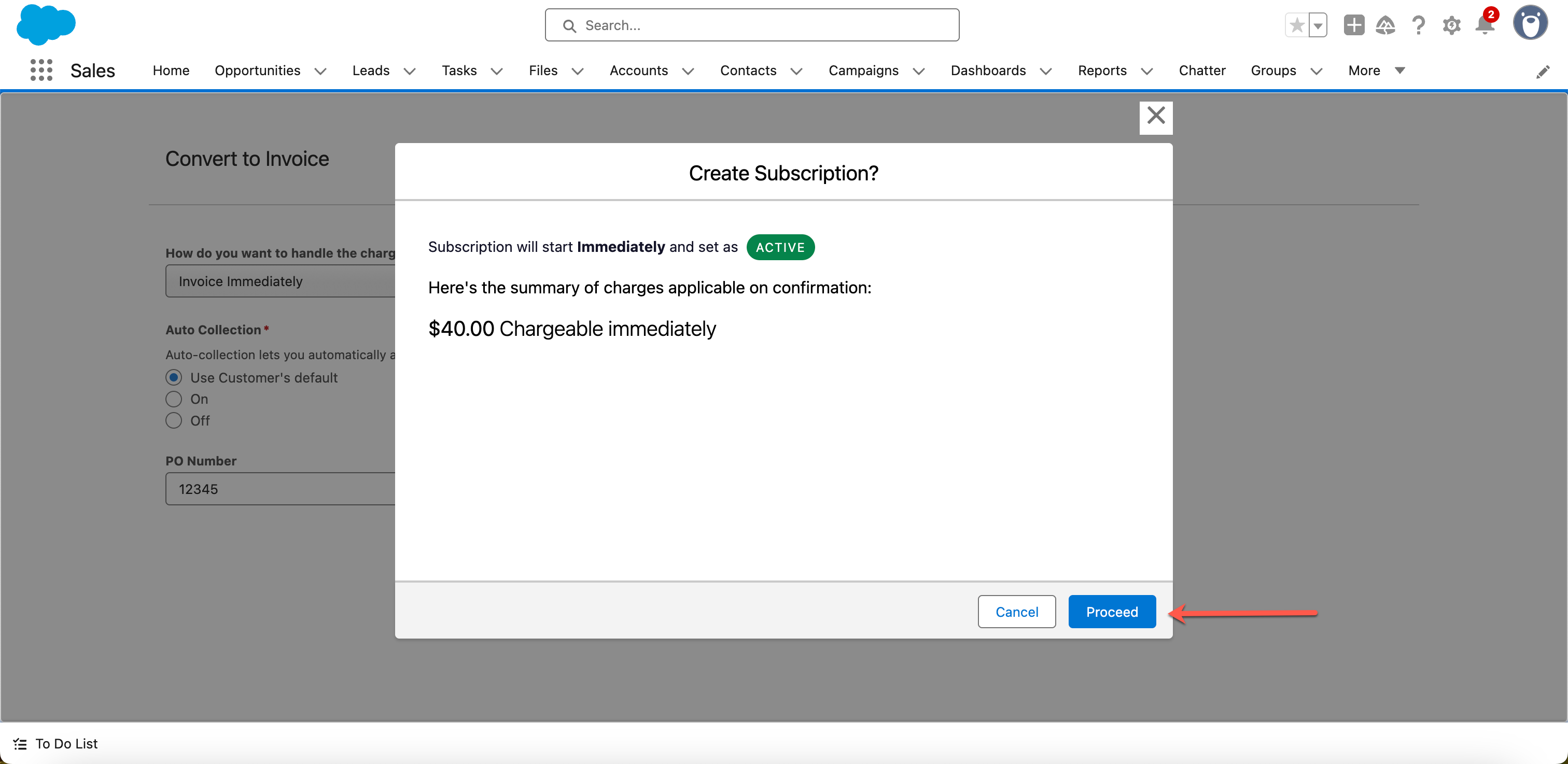 Create Subscription confirmation screen showing subscription details