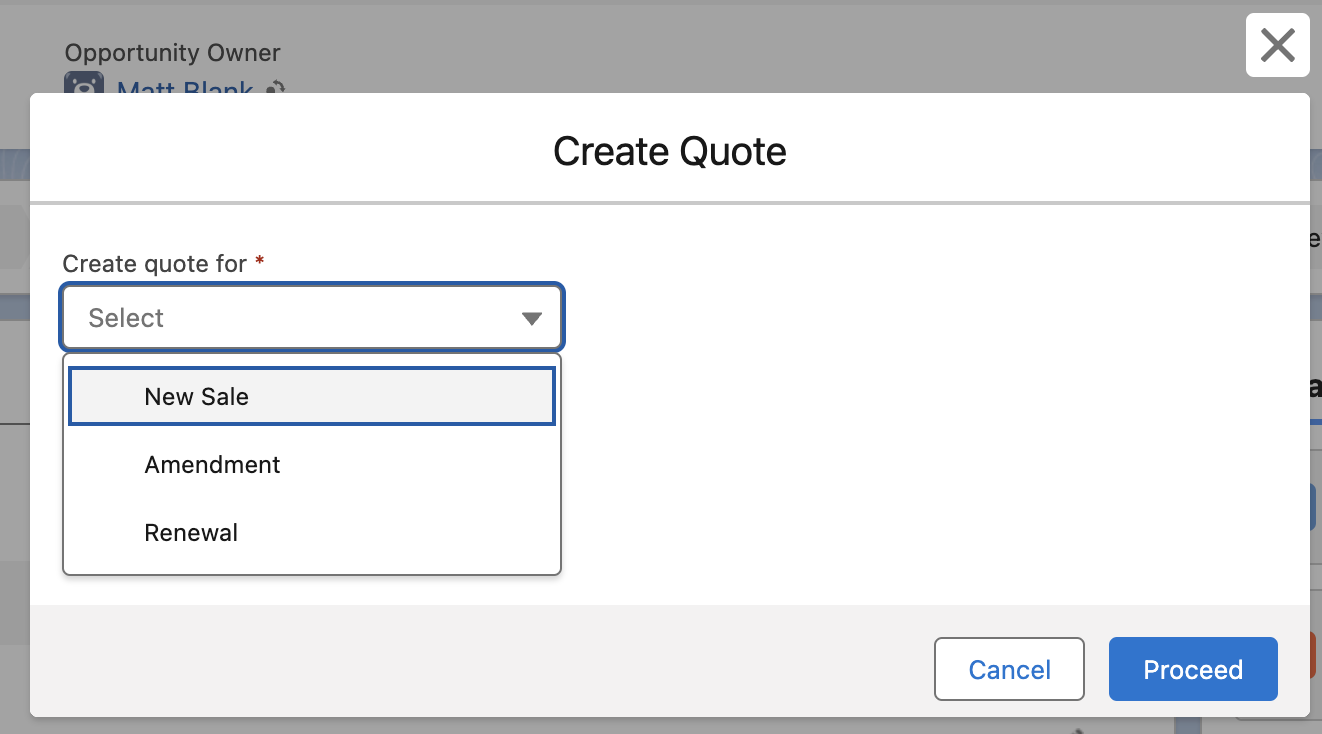 Quote Type selection with New Sale, Amendment, Renewal, and One-Time Charge options