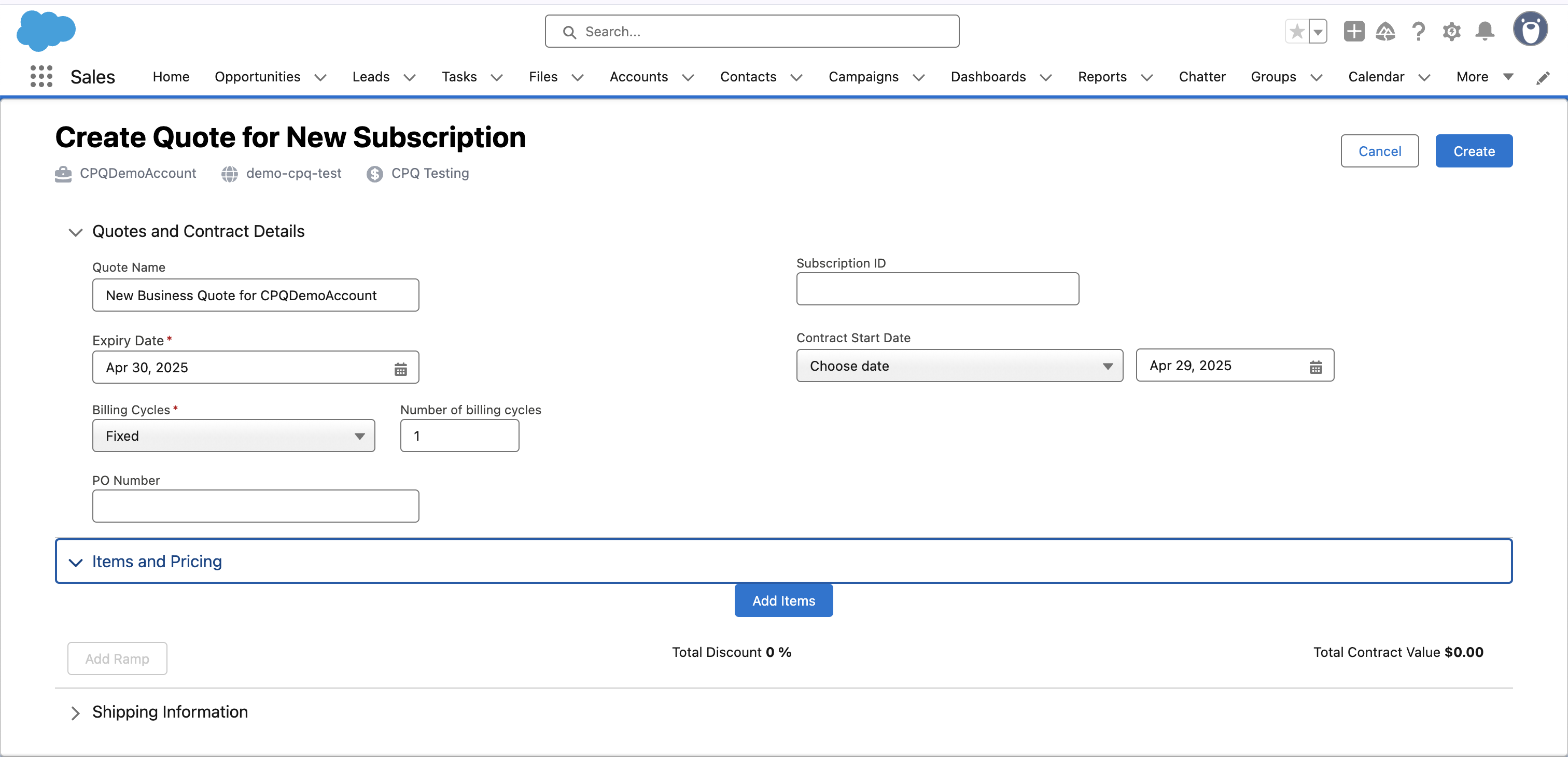 Quote details form with fields for Quote Name, Quote Expiration, Billing Cycles, and other quote information