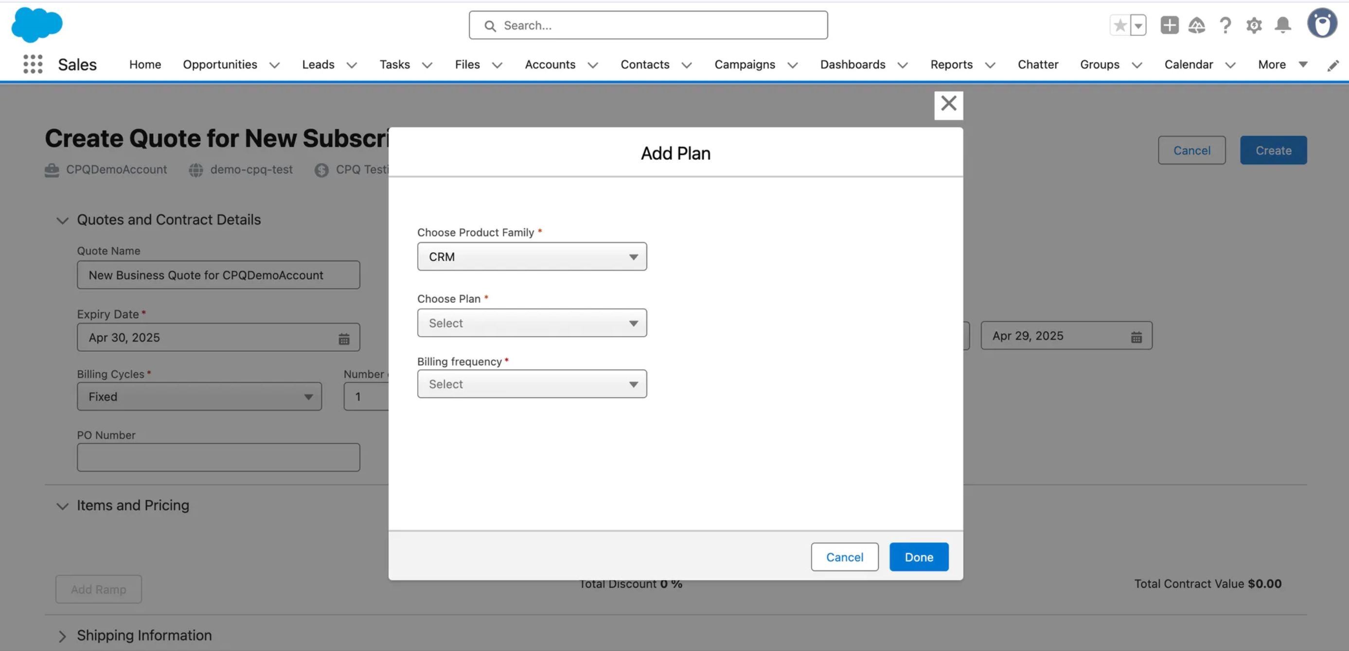 Add Items button for adding line items to the quote