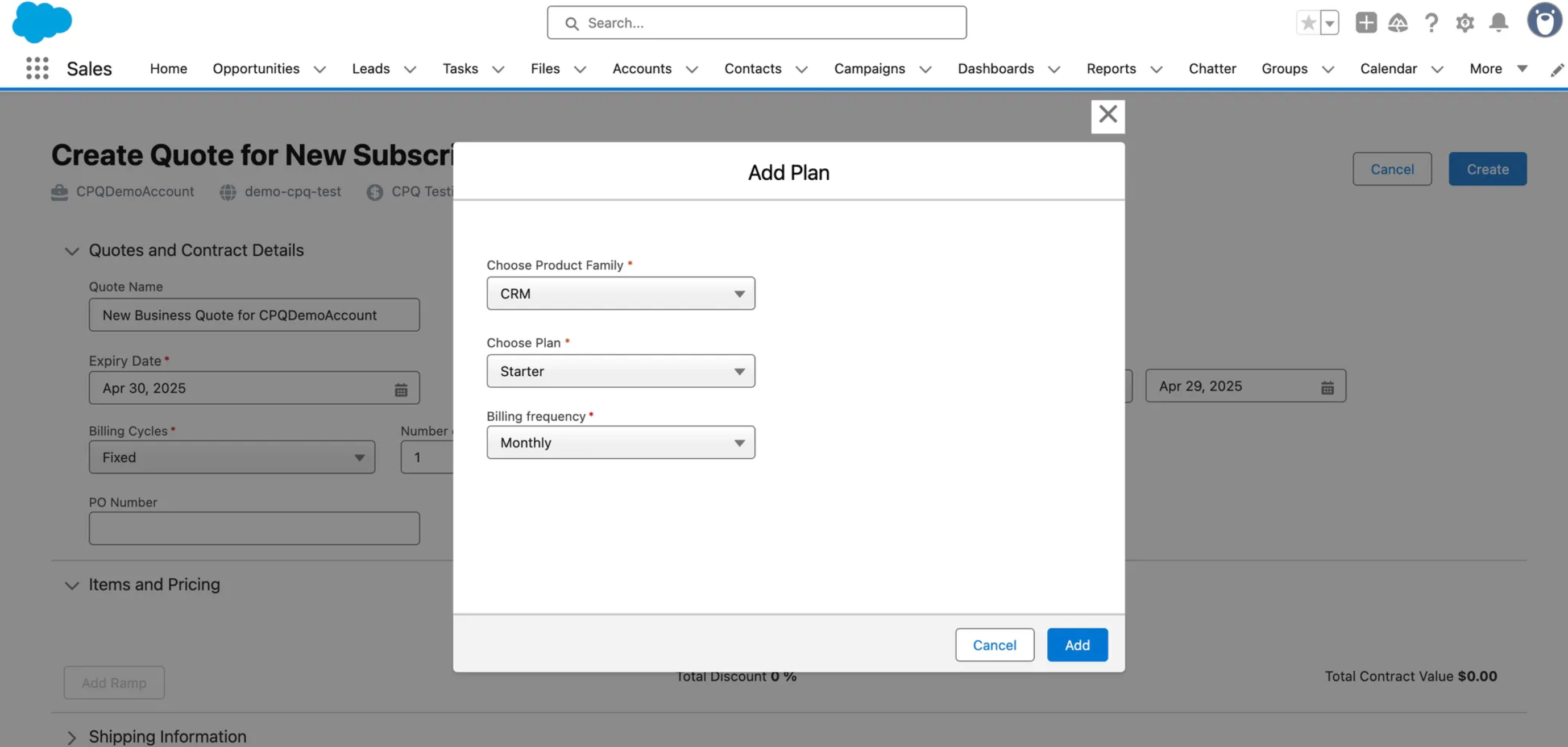 Product Family, Plan, and Billing frequency selection interface