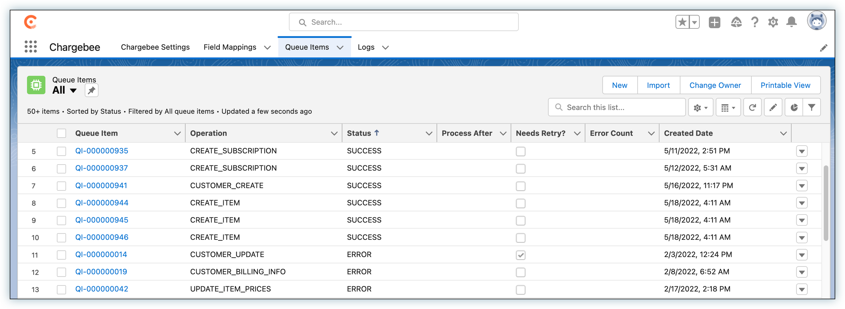 Queue items interface