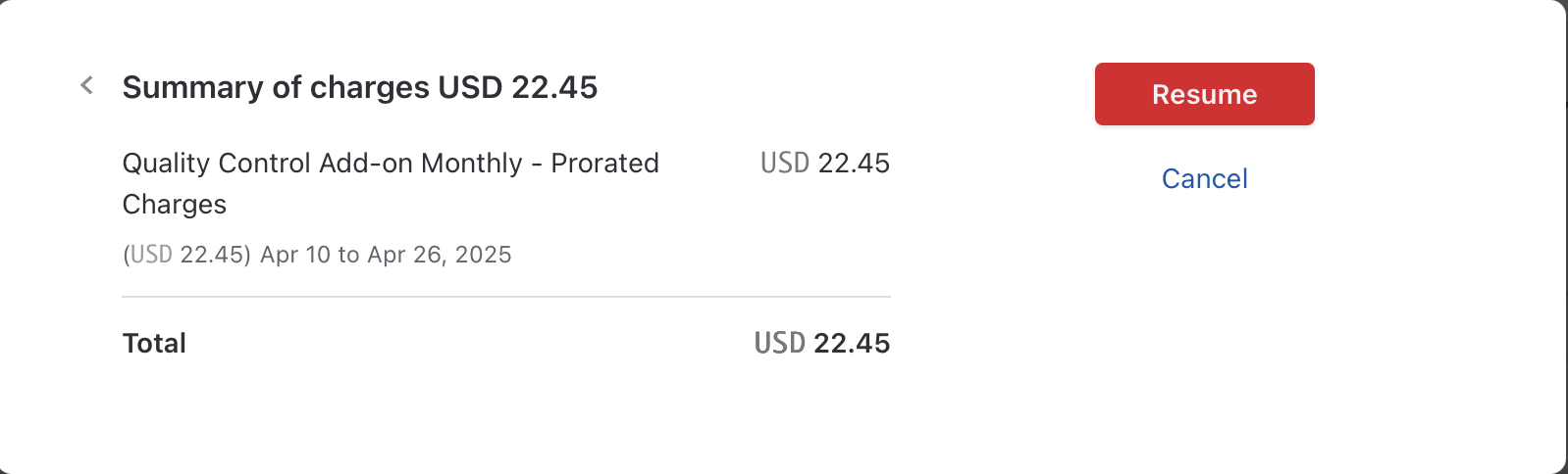 Prorated charge generated when resuming mid-cycle