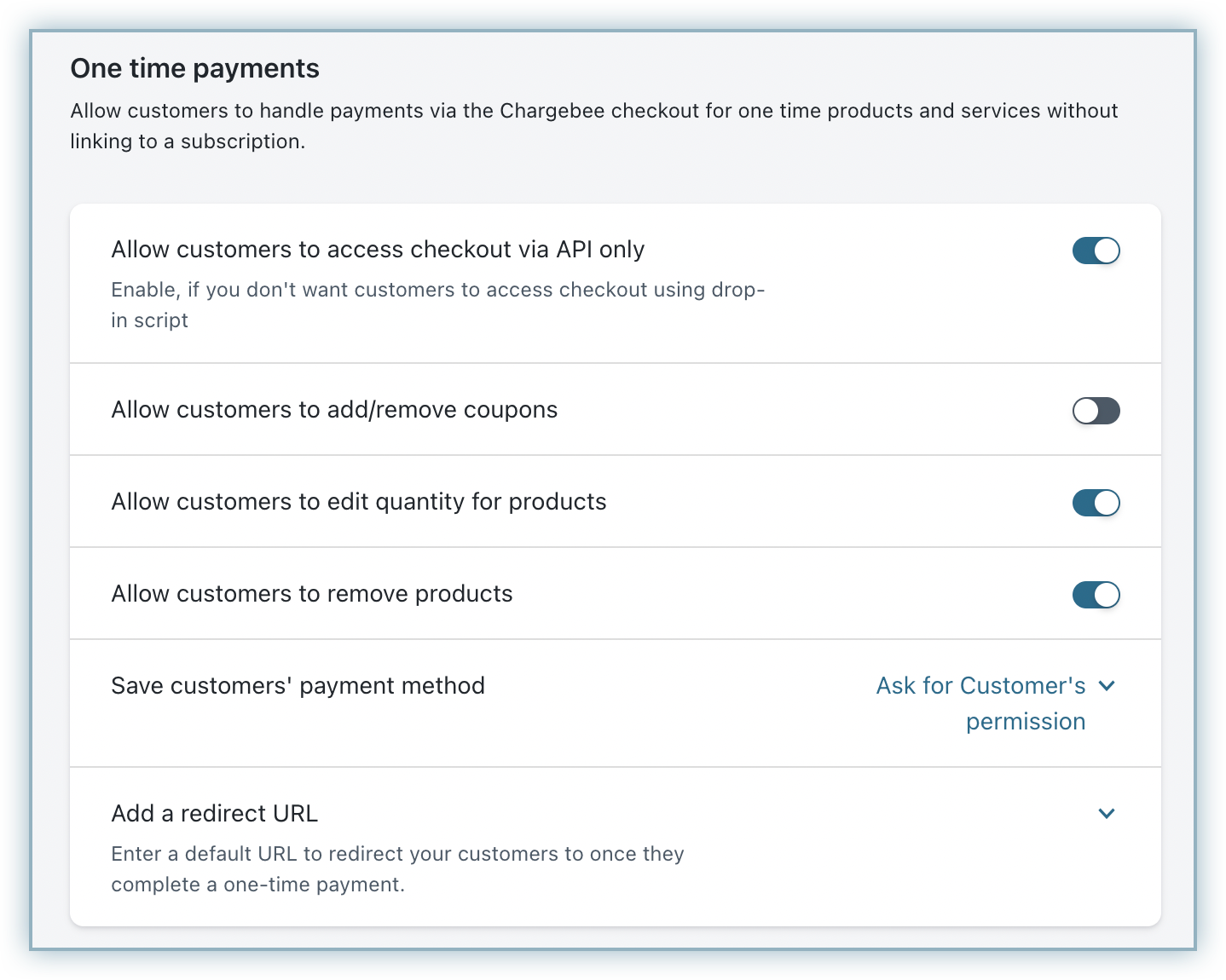 One-time payments configuration page