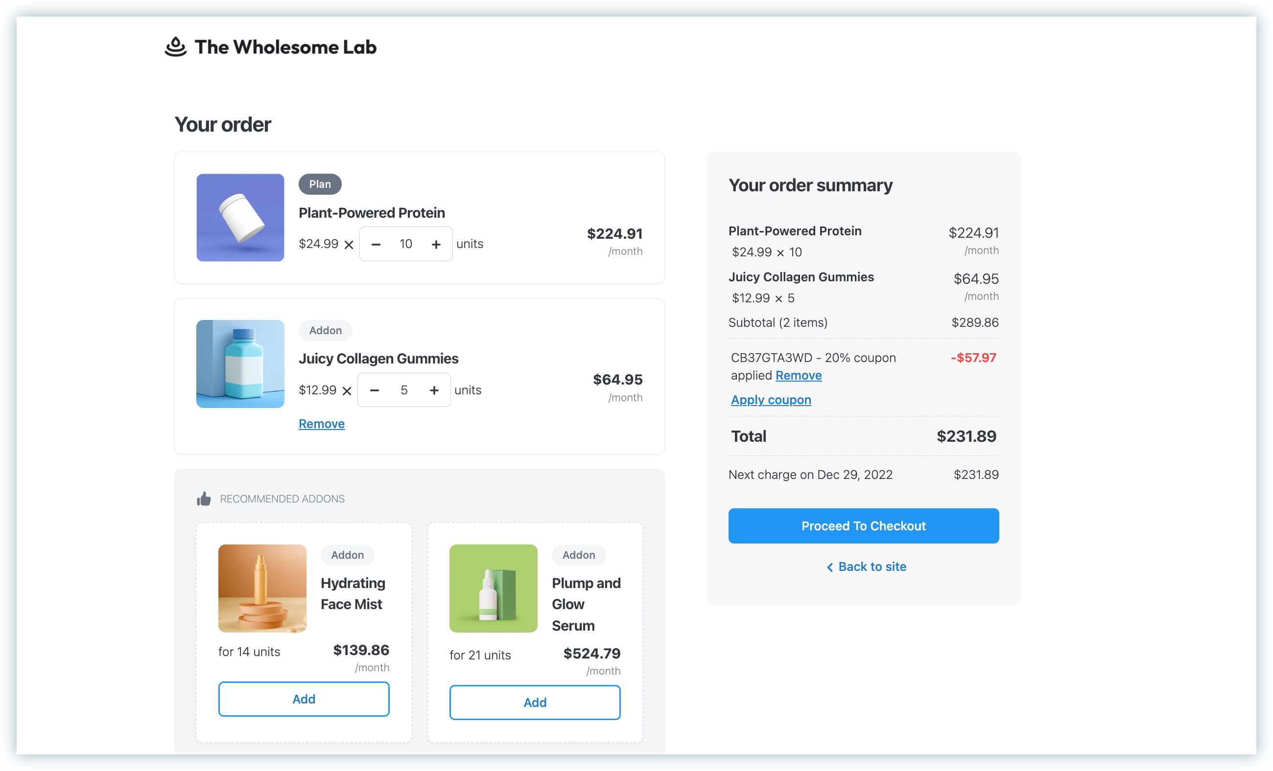 Checkout page showing product images next to plan names