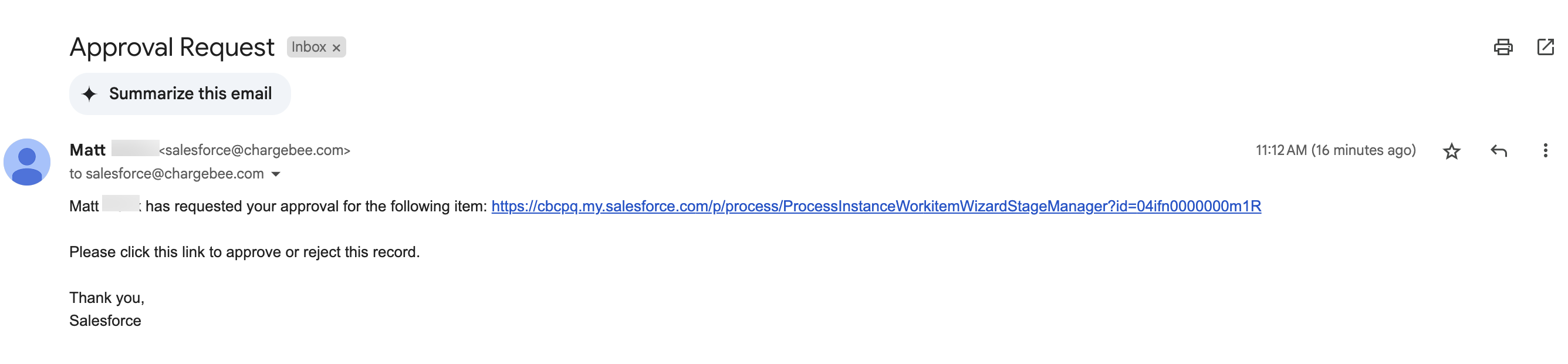 Email notification for quote approval request