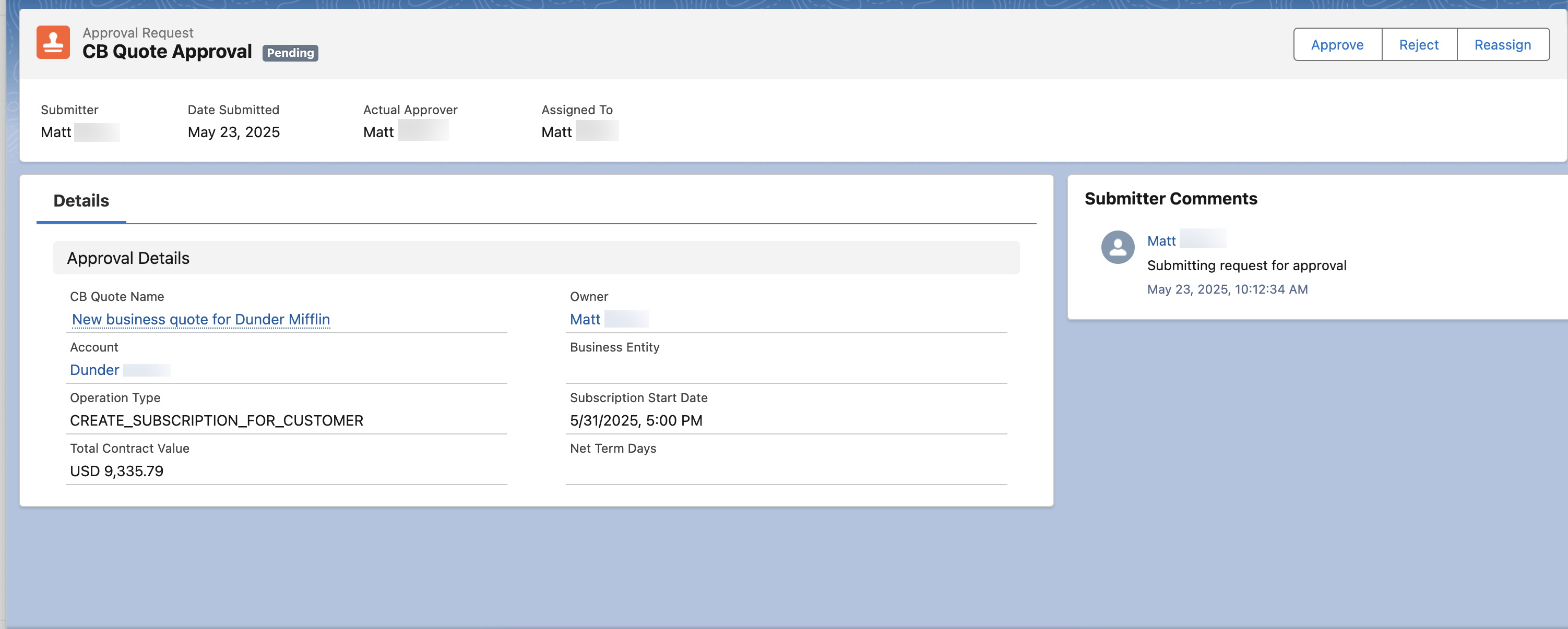Quote approval screen with Approve and Reject options
