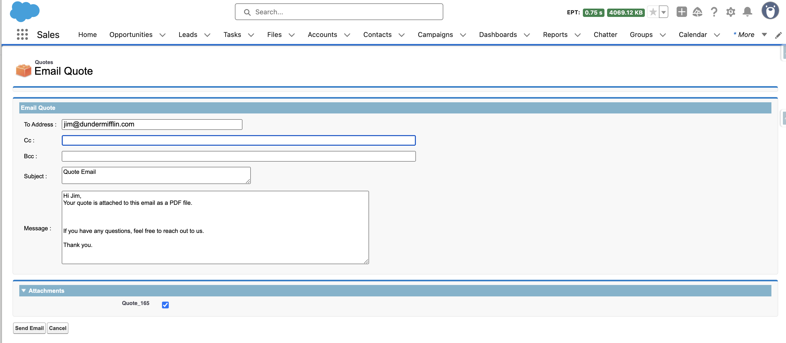 Pre-populated email message for sending quote to customer