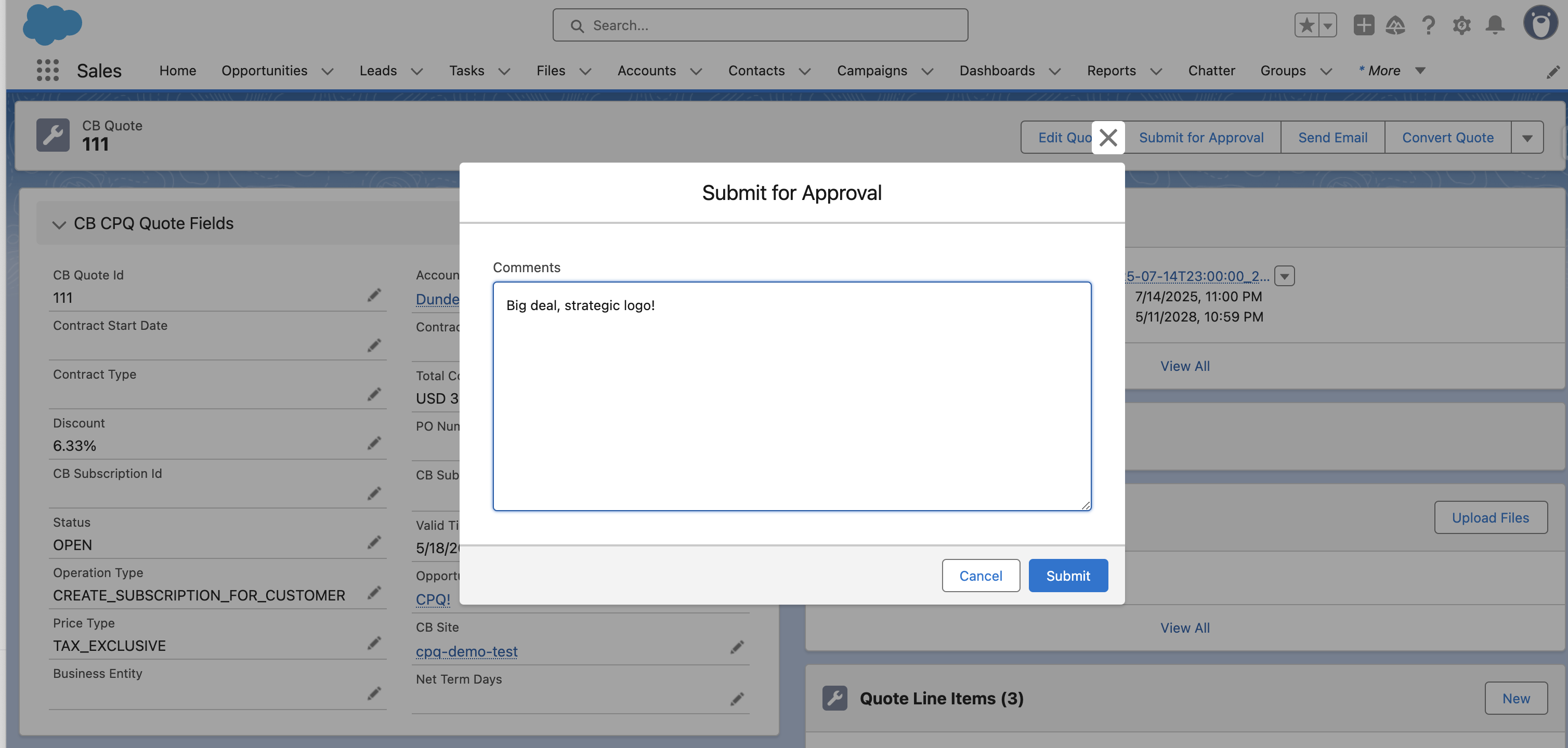 Submit for Approval screen with comments field and Submit button