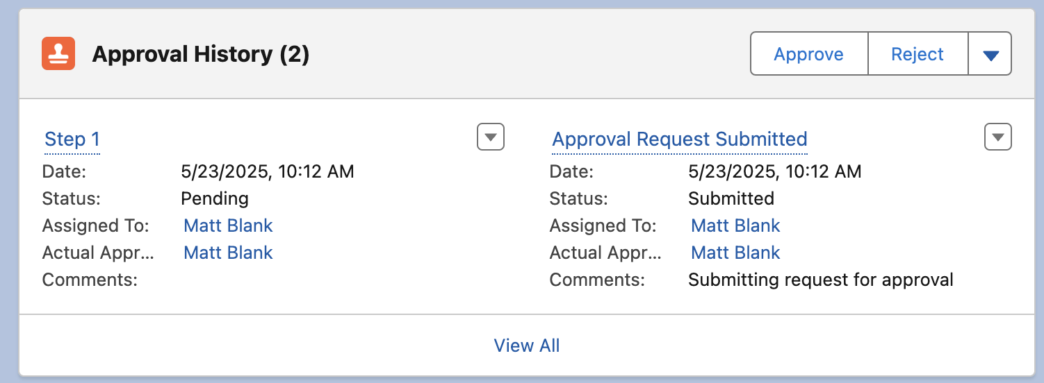 Approval History list showing quote approval status