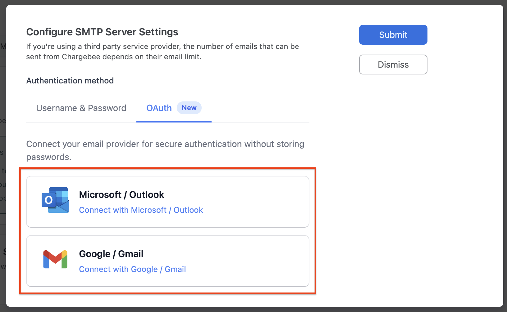 OAuth SMTP Page with Providers