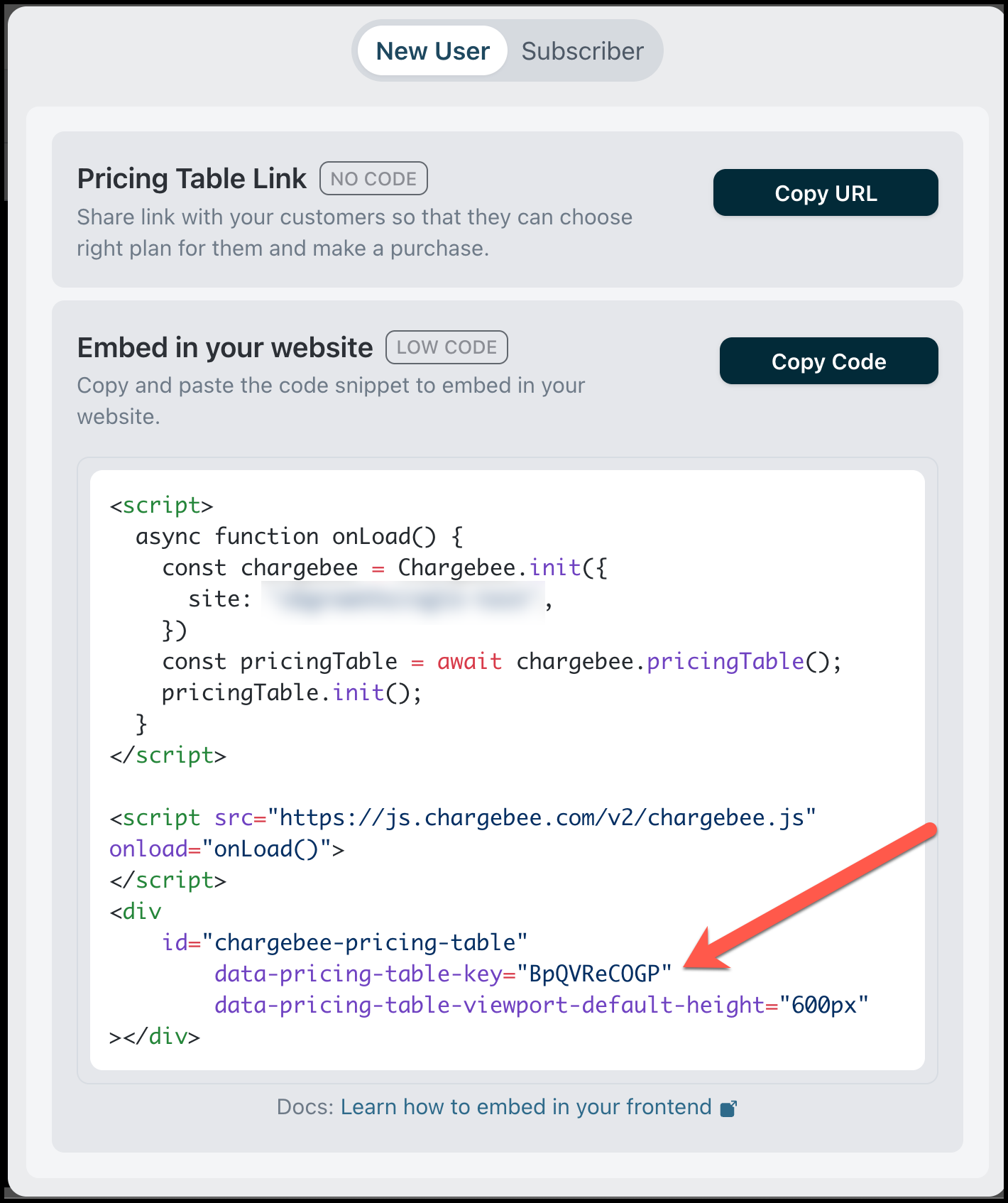 Screenshot of code snippet with pricing table ID