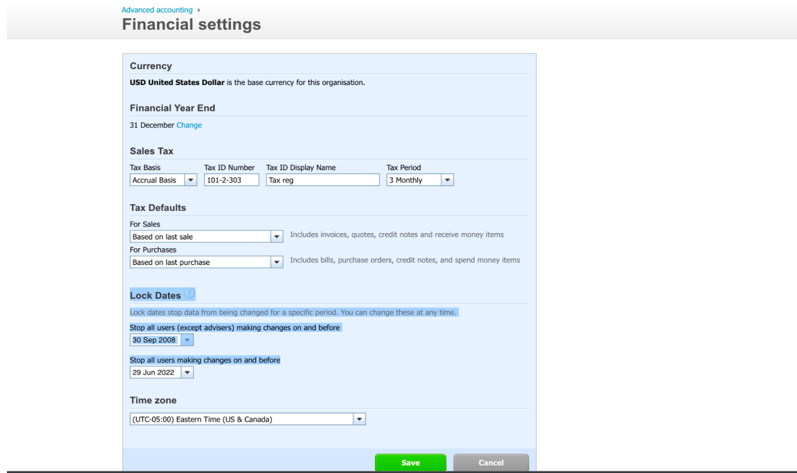 Xero Financial Settings and lock date