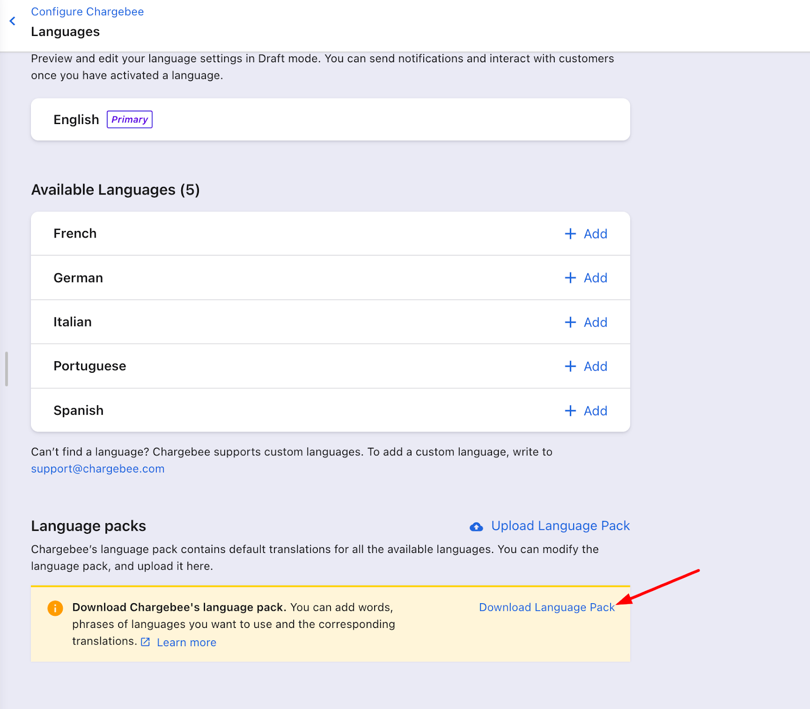 Upload Language Pack option