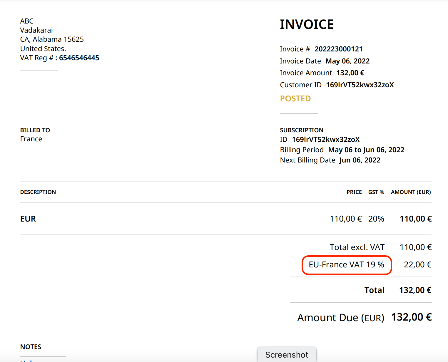 Sample invoice PDF with translated tax description