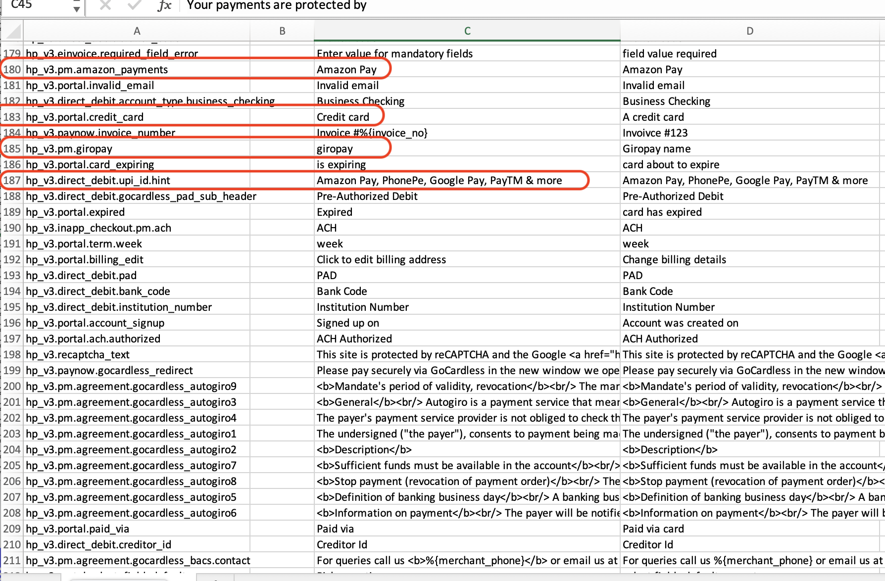 Payment method labels in language pack