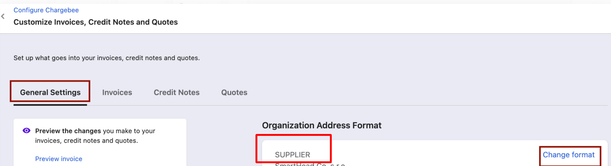 Organization address format in invoice settings