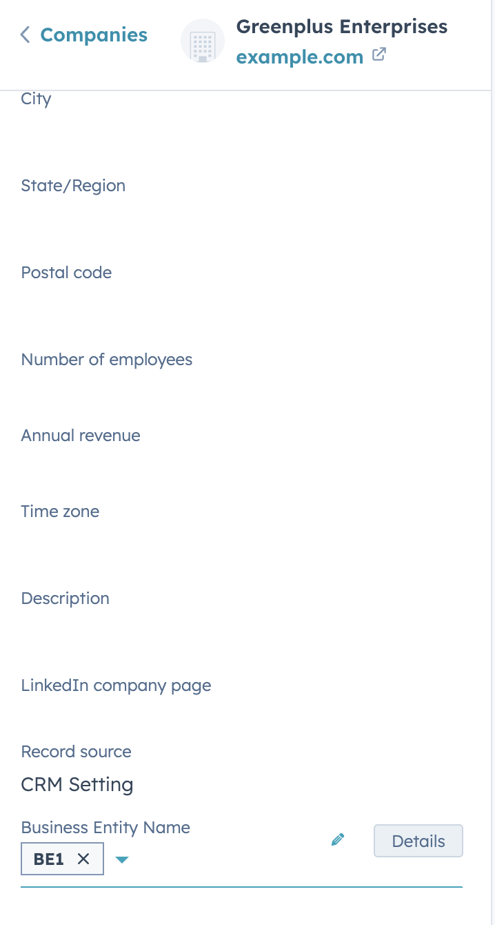 Business Entity Name field in HubSpot Company record