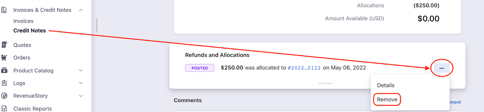 Remove refund or allocation from credit note