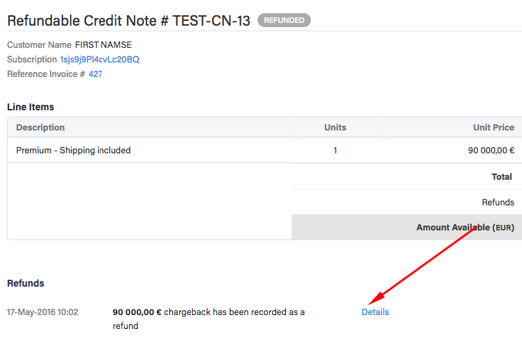 Credit Note page with Record Refund transaction