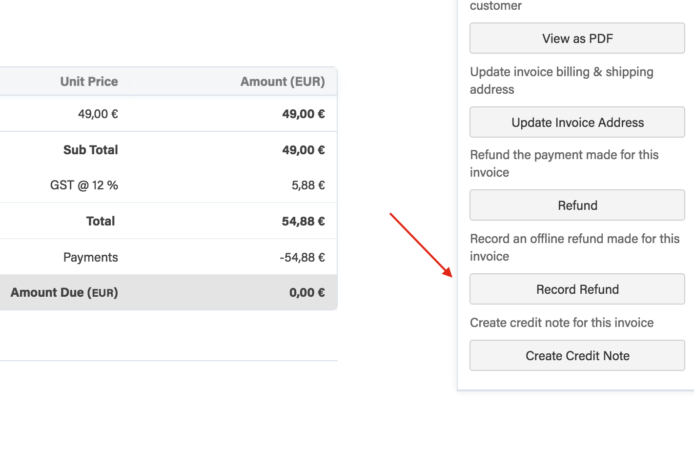 Record Refund vs Refund options on invoice