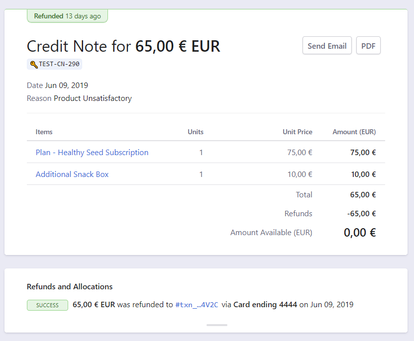 Credit Note page showing Refunded status and refund amount