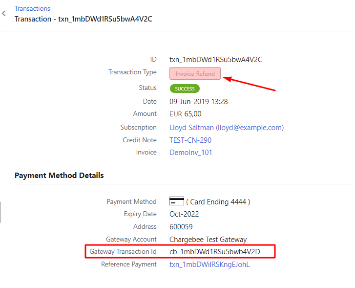Transaction details with Gateway Transaction ID