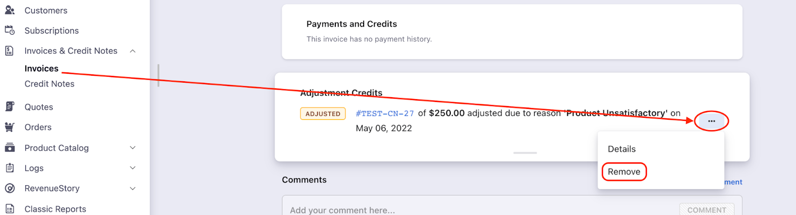 Remove adjusted credit from invoice