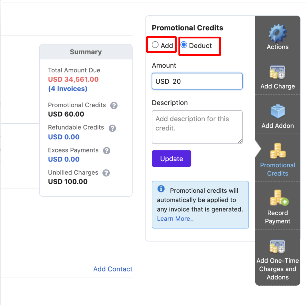 Promotional Credits panel on customer details page