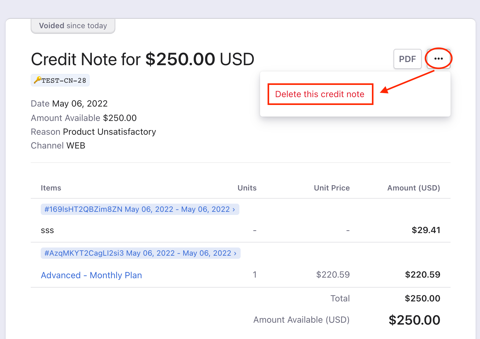 Delete credit note option in menu