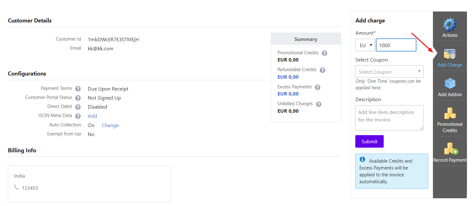 Add Charge and Add Addon options on subscription details