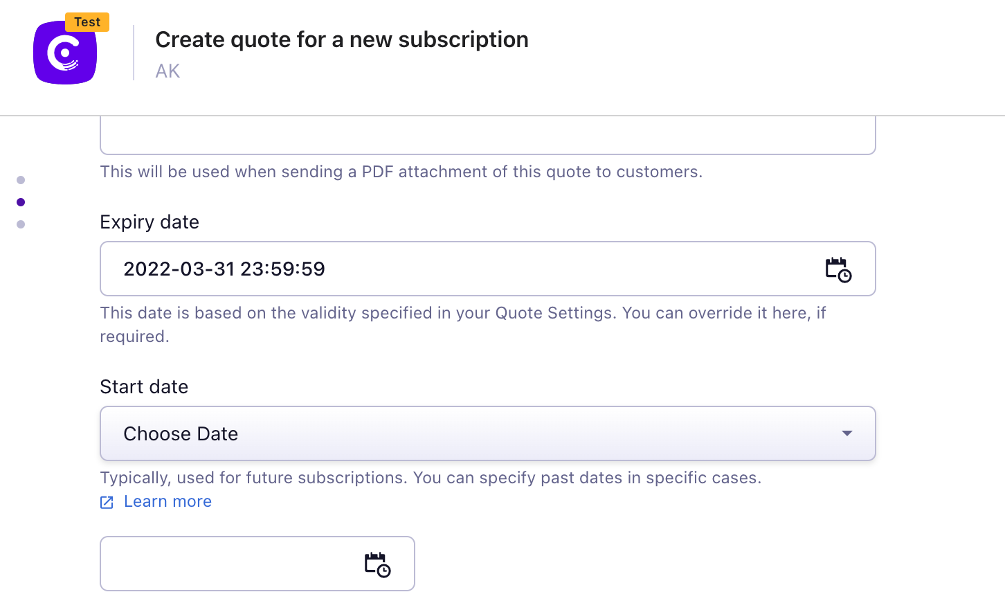 Choose Date option in Start date dropdown when creating quote