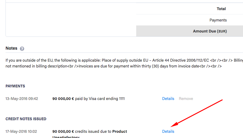 Credit Notes Details link on invoice page