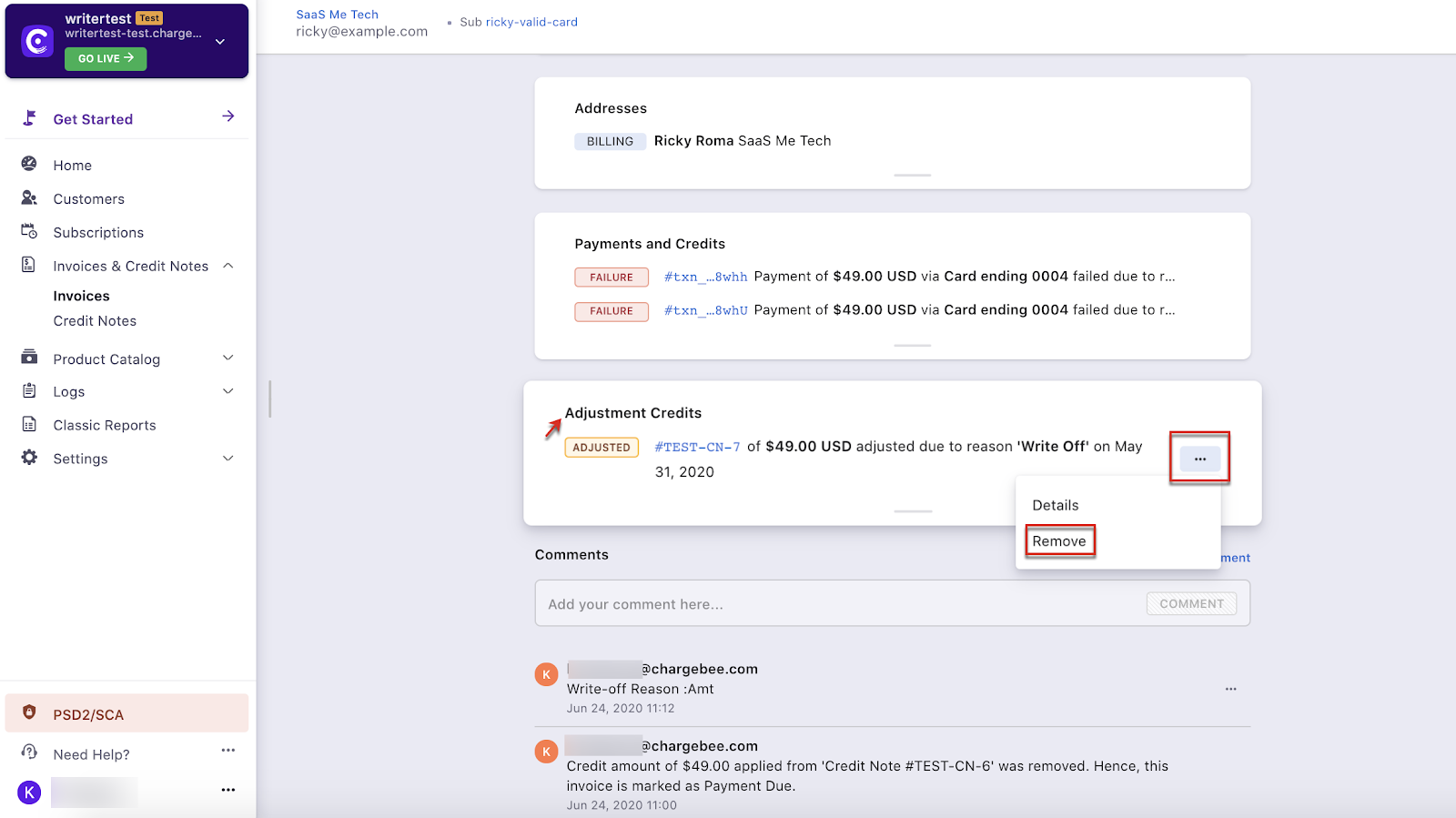 Remove adjustment credit note from invoice
