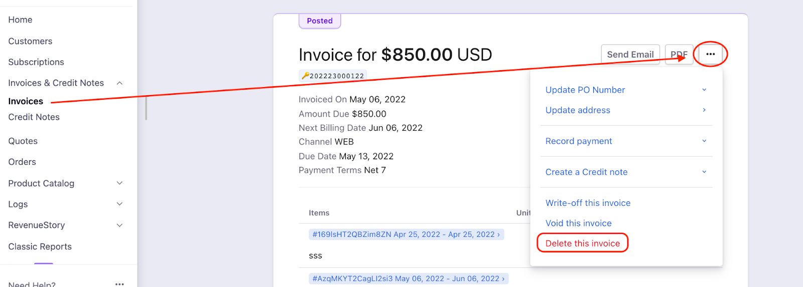 Delete invoice option in menu