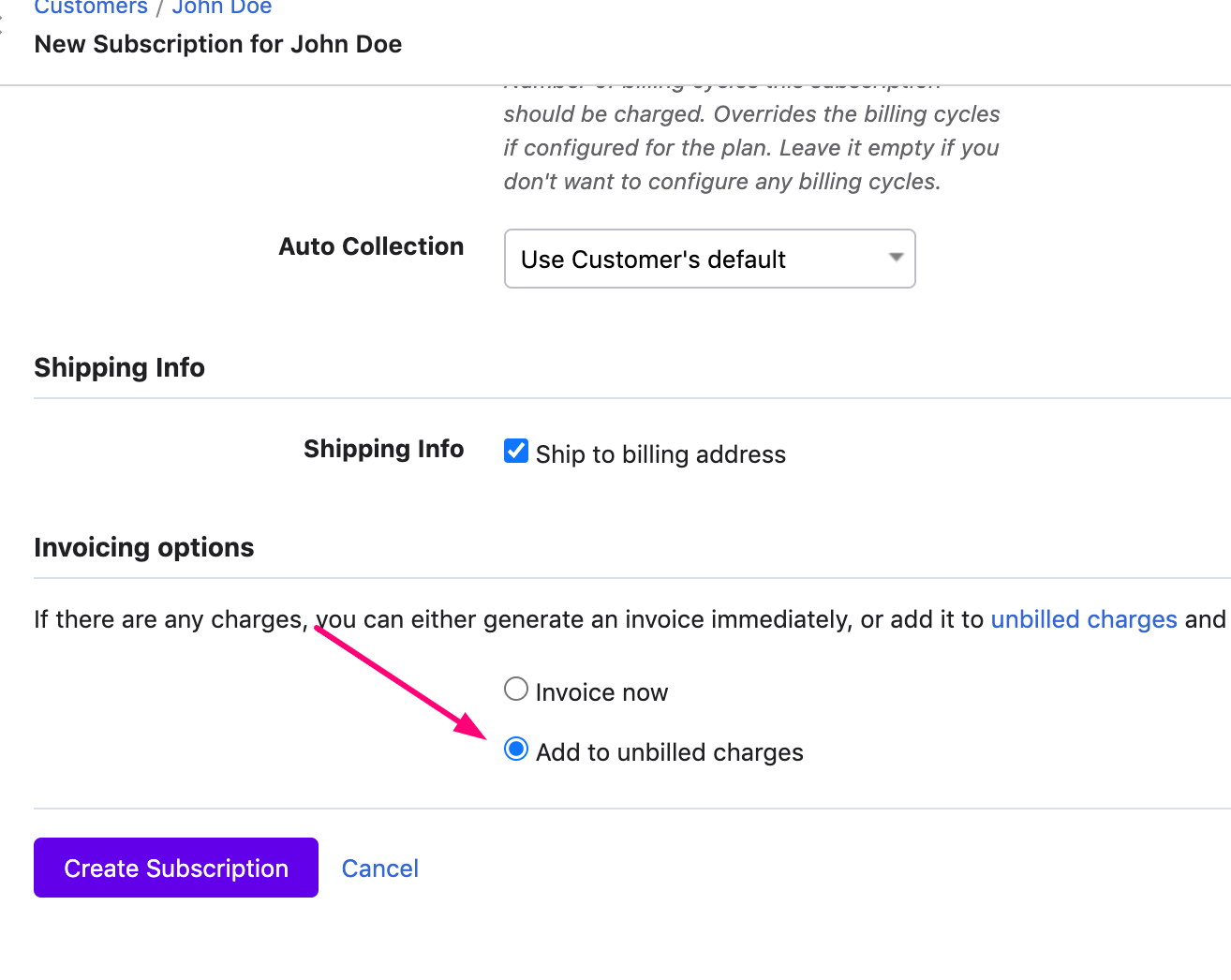 Add to unbilled charges option when creating subscription