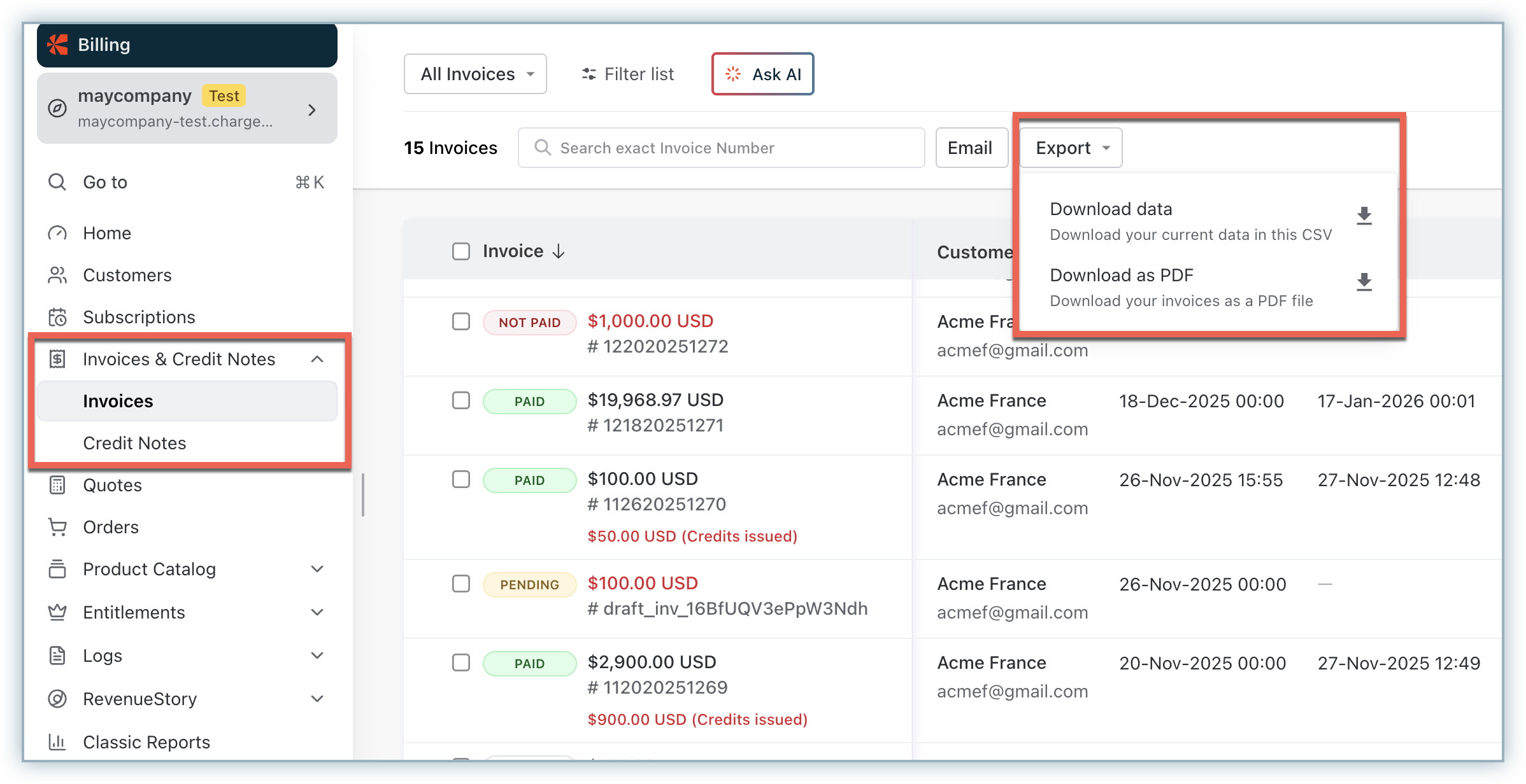 Export and Export as PDF options on Invoices page