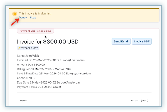 Pause Dunning button on invoice details page