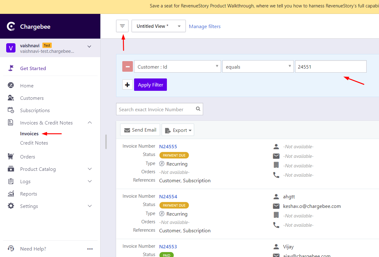 Invoices tab with filters