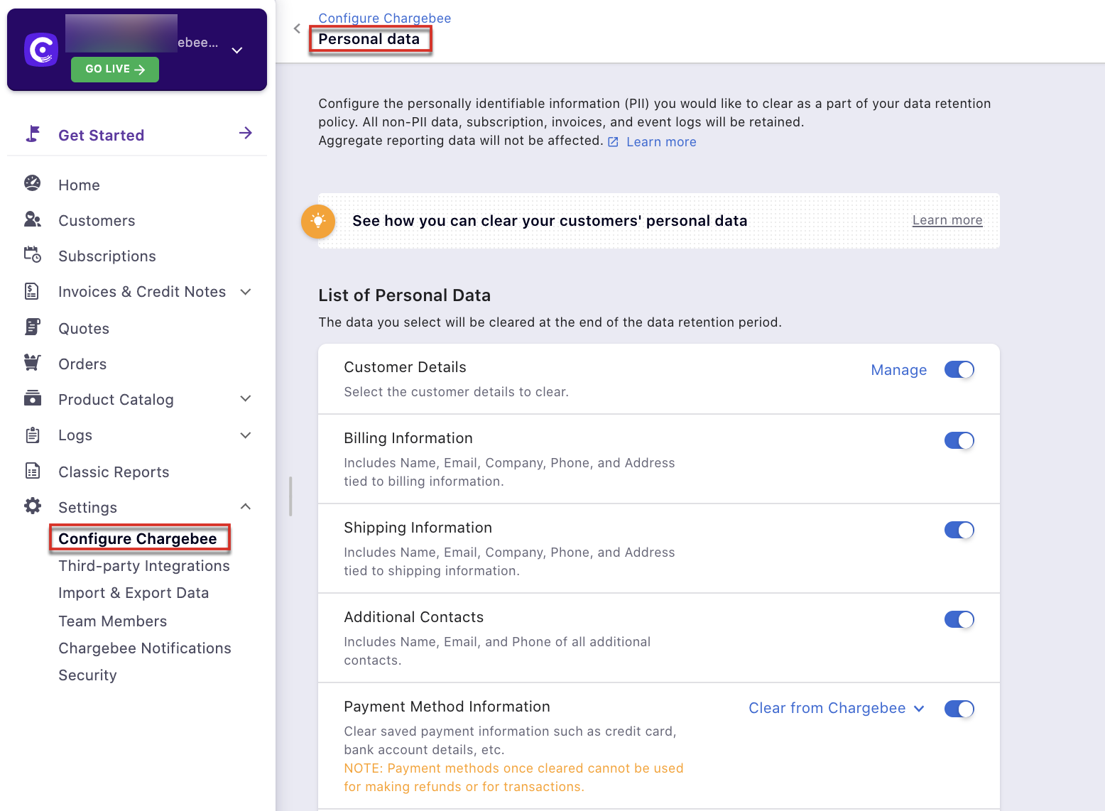 Personal Data settings in Configure Chargebee