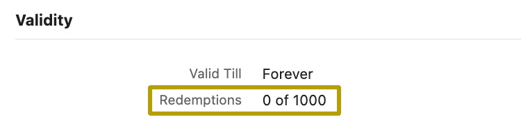 Coupon detail page showing redemption count
