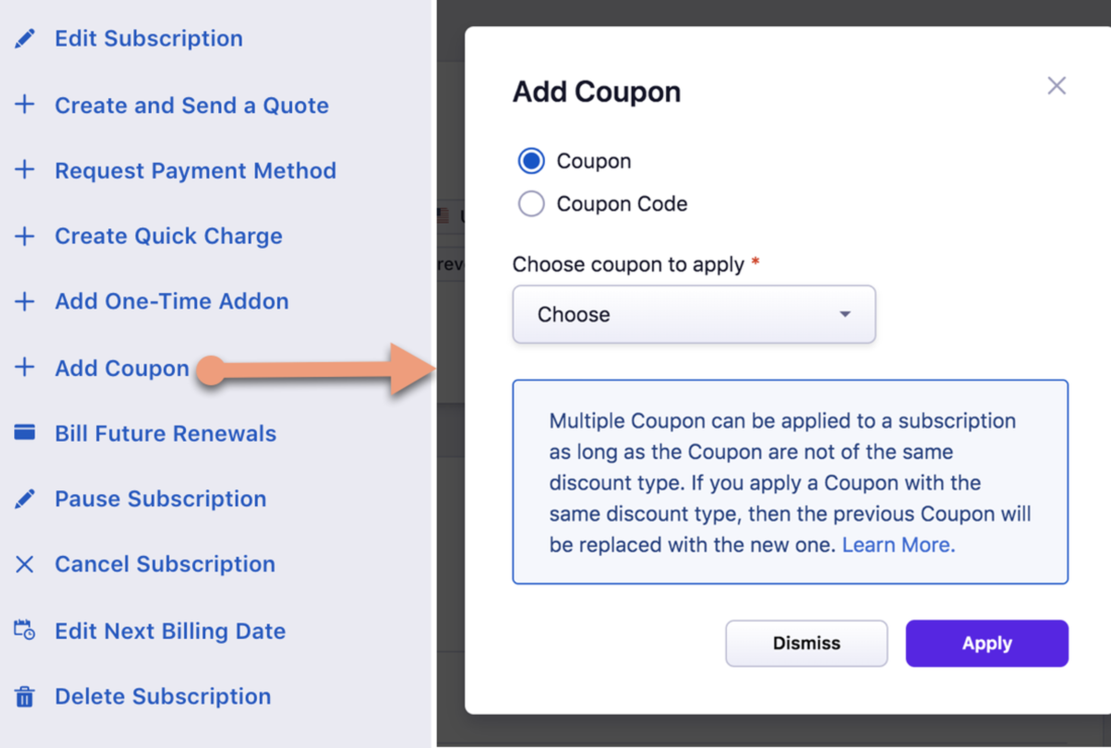 Subscription page Action Panel with Add Coupon option